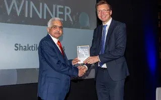 Reserve Bank of India's governor, Shaktikanta Das, accepts the Governor of the year award